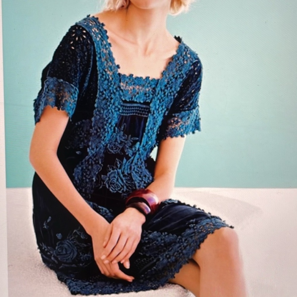 Johnny Was Rose Garden Georgette Lace Crocheted Dress in Blue Size 2X - Picture 4 of 12